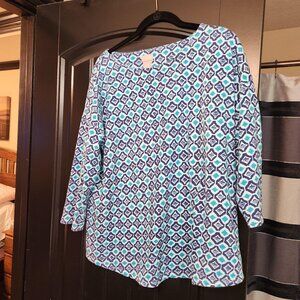 Chicos Blue Print Layering 3/4 Sleeve Tee